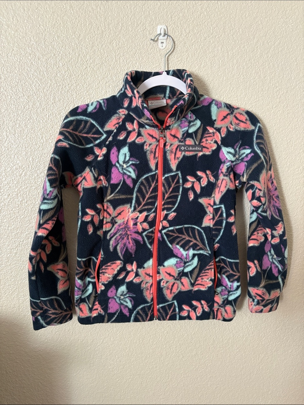 Columbia Girls' Navy Floral Zip Fleece Jacket with Coral Accents